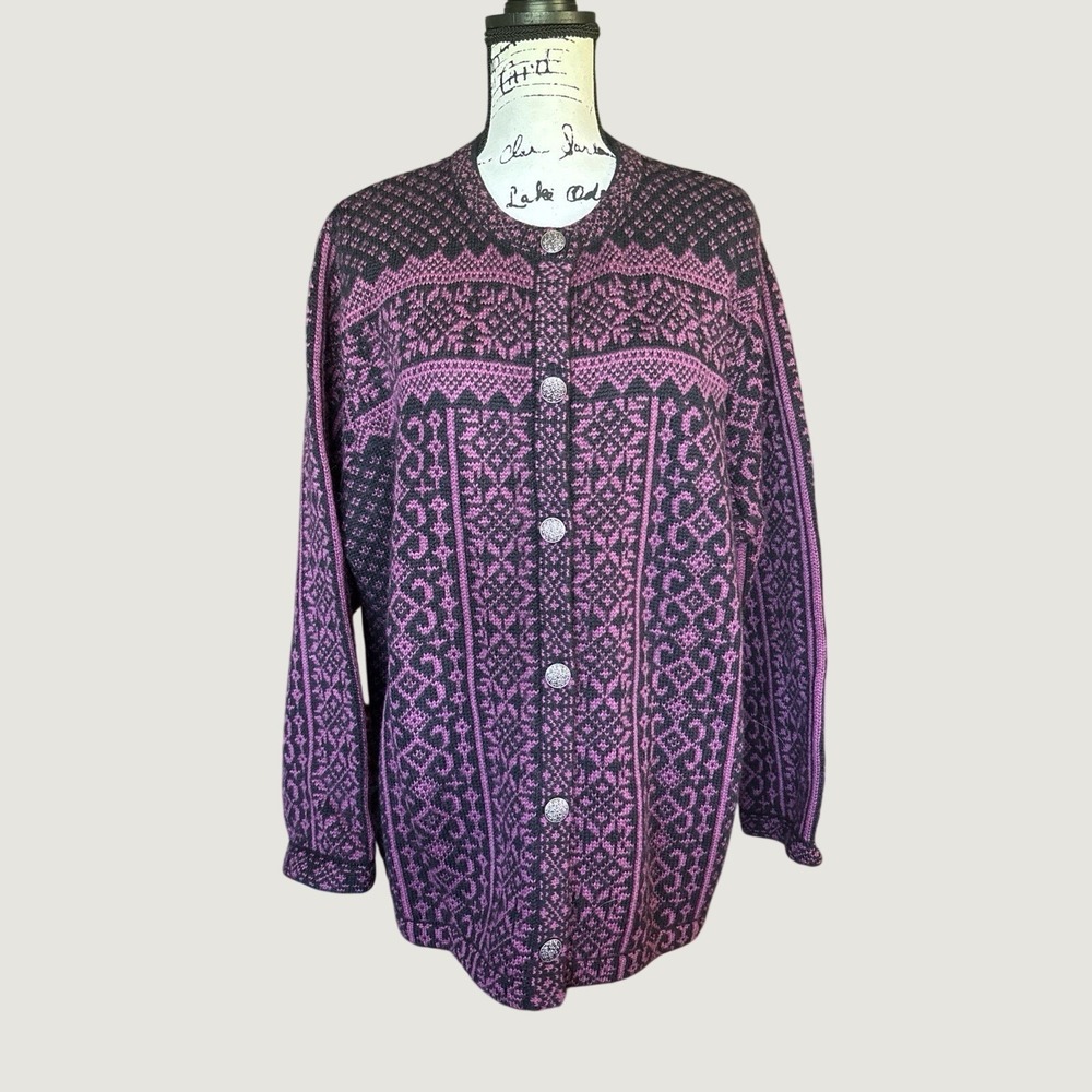 SKYR Norwegian Wool Cardigan Sweater Purple Black Fair Isle Knit